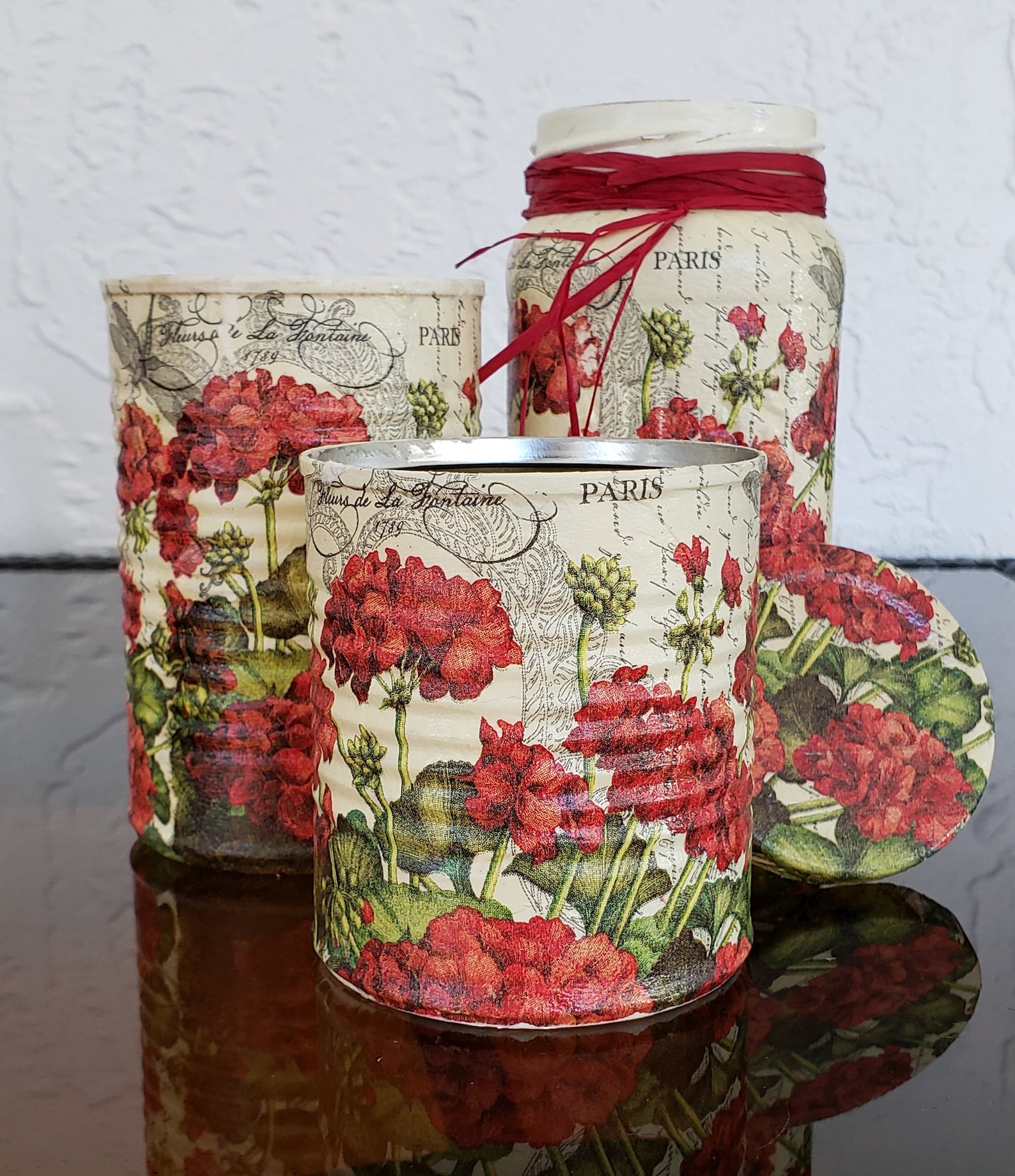 Set of 4 items decorated decoupage Red Flowers jar cans Etsy