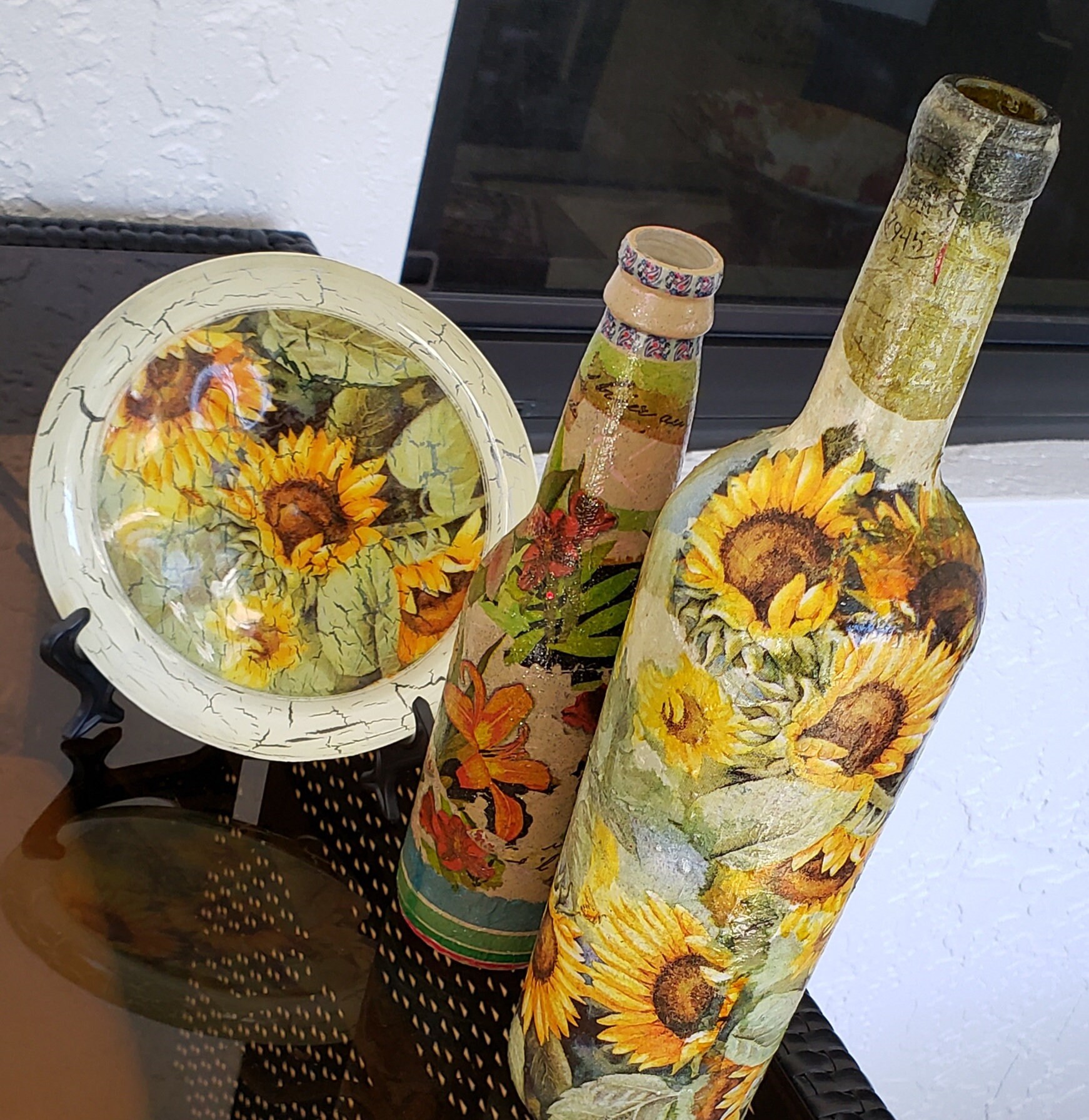 Sunflowers Bottles and Plastic Plate Sunflowers Yellow Tropical Flowers