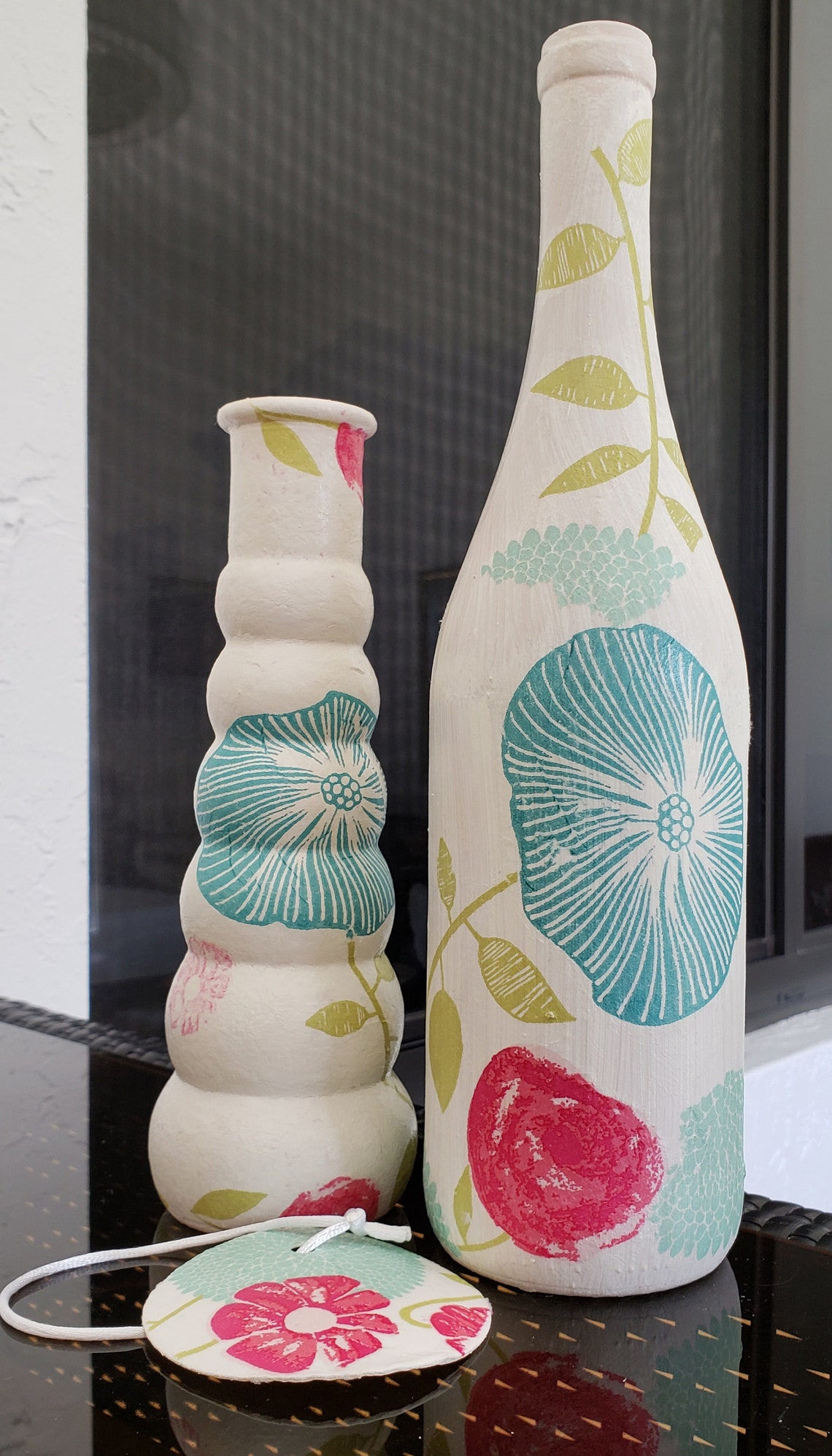 Blue Teal Glass Bottle and Glass Vase Decoupage Green Etsy