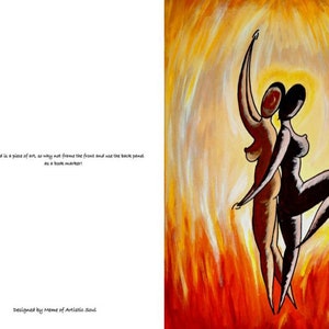 May include: Abstract painting of two figures in a fiery orange and yellow background. The figures are nude and appear to be dancing. The painting is signed "MEME" in the bottom right corner.