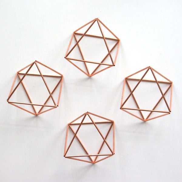 Copper Octahedron Wedding Ornament,  4 Modern Minimalist Himmeli Mobile, Copper Origami,  Geometric Ornament, Air Plant Holder