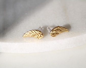 Gold Plated Brass Angel Wing Stud Earrings, Nature Jewelry