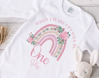 Personalised When I Wake Up I Will Be One Vest, Pink Floral Rainbow Birthday Bodysuit, 1st Birthday Sleepsuit, 1st Birthday gift