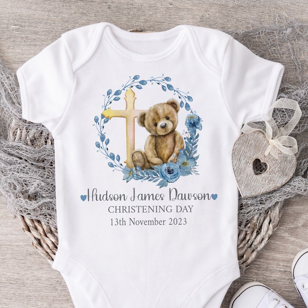Personalised Christening Outfit, Baby Boy's Baptism, Naming Day Gifts, Cotton Sleepsuit & Vest, Bodysuit And Bib