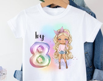 Personalised Girls Birthday T-Shirt,  Any Age, Any Name, Fashion Girl Birthday Gift, Rainbow Birthday T-Shirt, Cotton White Top