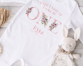 Personalised When I Wake Up I Will Be One Sleepsuit, Personalised Pink  Floral Birthday Babygrow, Girls Birthday Sleepsuit