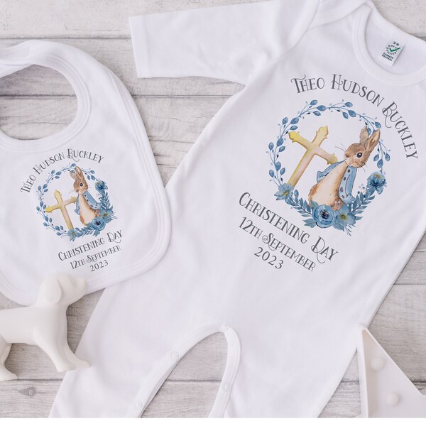 Personalised Christening Outfit, Baby Boy's Baptism, Naming Day Gifts, Cotton Sleepsuit & Vest, Bodysuit And Bib