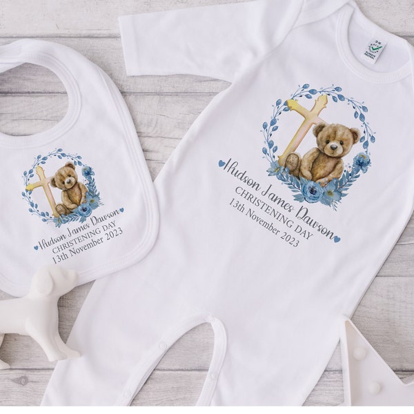 Personalised Christening Outfit, Baby Boy's Baptism, Naming Day Gifts, Cotton Sleepsuit & Vest, Bodysuit And Bib