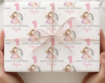 Personalised Unicorn Princess Gift Wrap, 1st/2nd/3rd Birthday Unicorn Themed Wrapping Paper for Daughter, Granddaughter, Niece, Little Girl