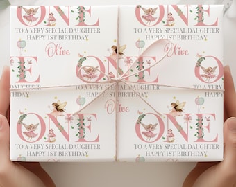 Pink Fairy First Birthday Gift Wrap Paper, Personalised 1st Birthday Wrapping Paper for Daughter, Granddaughter, Niece, God-Daughter