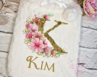 Personalised Hot Water Bottle, Faux Fur Hot Water Bottle Cover,Pink Floral Letter Design,Birthday Gift For Her, Present For Daughter, Sister