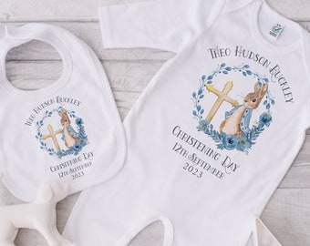 Personalised Christening Outfit, Baby Boy's Baptism, Naming Day Gifts, Cotton Sleepsuit & Vest, Bodysuit And Bib