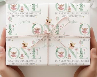 Pink Fairy First Birthday Gift Wrap Paper, Personalised 1st Birthday Wrapping Paper for Daughter, Granddaughter, Niece, God-Daughter