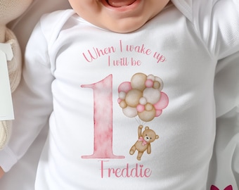 First birthday Babygrow, when I wake Up I Will Be 1 Bodysuit, Personalised 1st Birthday Sleepsuit, Baby girls First Birthday Outfit