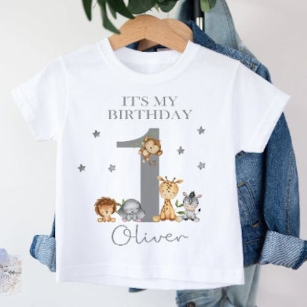 Personalised Kids First Birthday Safari T-Shirt, 1st Birthday Jungle Rainbow T-Shirt, Safari 1 Vest, First Birthday T-Shirt for Girls & Boys