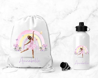 Personalised Ballet Water Bottle & Gym Bag, Ballerina Gift, Personalised PE bag, School, PE, Swim Drawstring Bag, Ballet Gift, Present