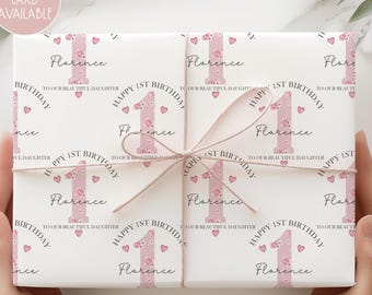 Pink Floral First Birthday Gift Wrap Paper, Personalised 1st Birthday Wrapping Paper for Daughter, Granddaughter, Niece, God-Daughter