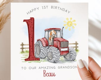 May include: A square birthday card featuring a large red number one with polka dots, a red tractor driven by a brown and white dog, a yellow sun, and a wooden fence. The text reads HAPPY 1ST BIRTHDAY TO OUR AMAZING GRANDSON Beau.