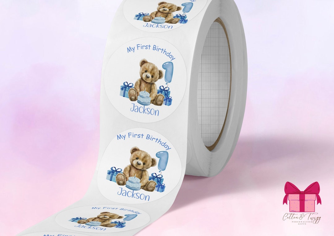 Personalised First Birthday Party Stickers, Boy's Teddy Bear Birthday ...