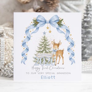 Personalised Baby Boy First Christmas Card 2026, Blue Bow & Deer, Any Name, Any  Relation, Son, Grandson, Nephew, Any Relation