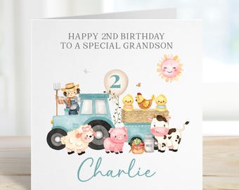 Personalised Farm Animal 2nd Birthday Card, Birthday Animal Theme First Birthday Greeting Card For Son/Daughter/Grandson/Nephew/Any Relation