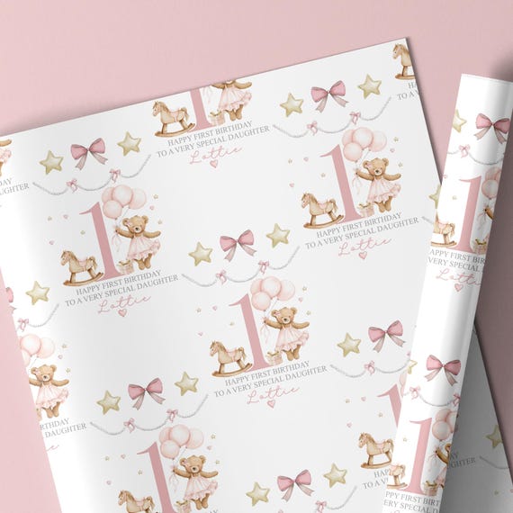 Girl's Teddy Bear First Birthday Gift Wrap Paper, Personalised 1st/2nd/3rd Birthday Wrapping Paper for Daughter, Granddaughter, Niece
