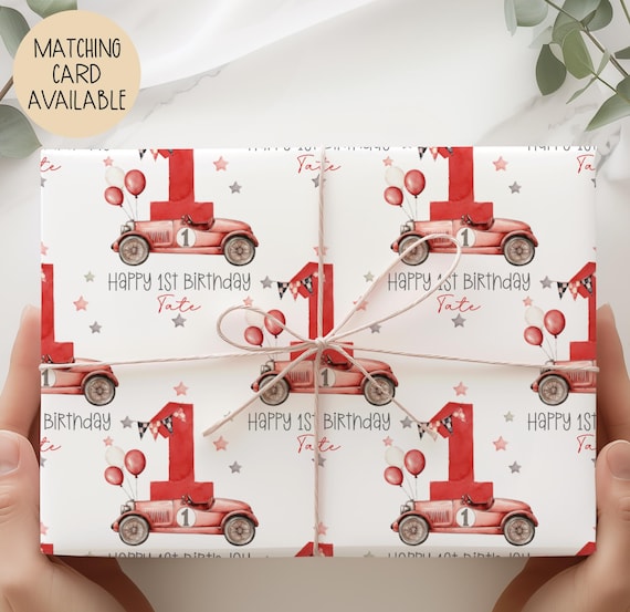 Personalised Racing Car 1st/2nd/3rd Birthday Wrapping Paper For Little Boy Or Girl, Red Race Car Gift Wrap, Formula One Kids Birthday Gift