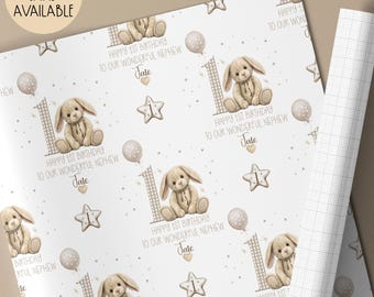 Personalised 1st/2nd/3rd Birthday Wrapping Paper For Little Boy Or Girl, Neutral Beige bunny Gift Wrap, Happy Birthday Wrapping Paper Roll
