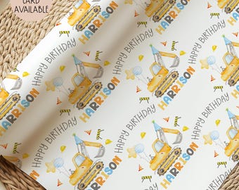 Construction Birthday Wrapping Paper For Little Boy Or Girl, Personalised Yellow Digger Gift Wrap, Crane/Truck Kids Birthday Gift