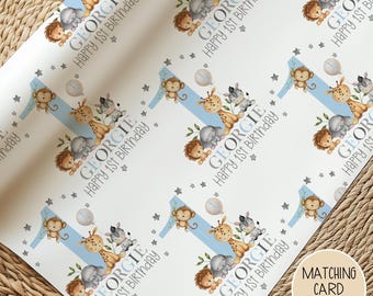 Personalised Safari Animal Birthday Wrapping Paper For Little Boy Or Girl, Jungle Theme 1st/2nd/3rd/Any Age Happy Birthday Gift Wrap,