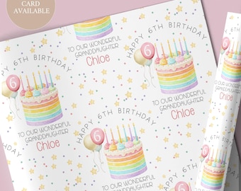 Girl's Birthday Gift Wrap Paper, Personalised Rainbow Cake Birthday Wrapping Paper for Daughter, Granddaughter, Niece