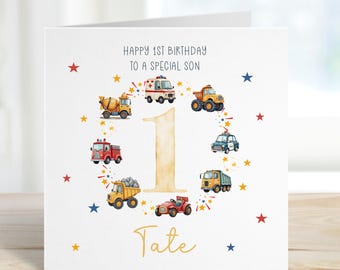 Diggers & Trucks 1st/2nd/3rd/4th/5th Birthday Card For Boys and Girls, Personalised Any Age Birthday Card For Son/Daughter/Nephew