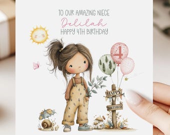 Personalised 4th/5th/6th/7th Birthday Card For Girl's, Woodland Girl Greeting Card, Cute Card For Daughter/Granddaughter/Niece, Any Relation