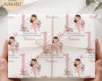 Pink Fairy First Birthday Gift Wrap Paper, Personalised 1st/2nd/3rd/4th Birthday Wrapping Paper for Daughter, Granddaughter, Niece, Family