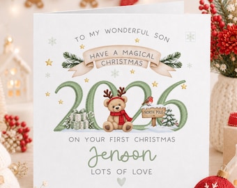 Unisex 1st Christmas Card, Cute Teddy 2026 Card for Daughter, Grandson, Granddaughter, Little Boy, Any Relation, Christmas 2026