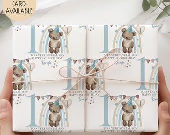 Boys Teddy Bear First Birthday Gift Wrap Paper, Personalised 1st/2nd/3rd Birthday Wrapping Paper for Son, Grandson, Nephew, Godson