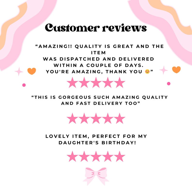 May include: Image featuring customer reviews with a white background and pink and orange decorative elements. Text includes phrases like "AMAZING!! QUALITY IS GREAT" and "GORGEOUS SUCH AMAZING QUALITY." Five-star ratings are displayed.
