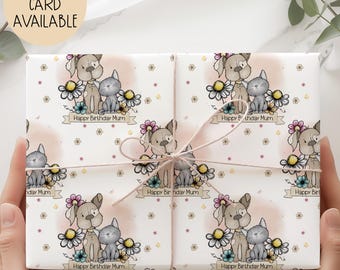 Dog and Cat Birthday Wrapping Paper, Personalised Pet Gift Wrap for Her, Cute Cat and Dog Wrapping Paper Sheet