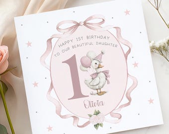 First Birthday Card For Girl, Personalised Pink Goose Birthday Card For Daughter/Granddaughter/Niece/Any Relation