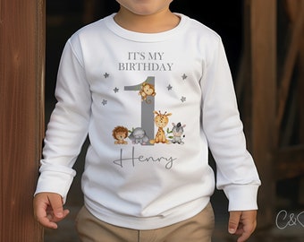 May include: White long-sleeve shirt with a gray number one, a monkey, a giraffe, a lion, an elephant, and a zebra. The shirt also says "It's My Birthday" and "Henry".