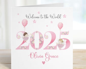 Personalised New Baby Girl Card, Welcome To The World Card, Pink Fairy born in 2025 Card For Baby Girl