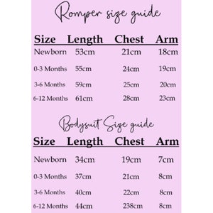May include: A size guide for rompers and bodysuits, with measurements in centimeters. The guide includes sizes for newborns, 0-3 months, 3-6 months, and 6-12 months. Measurements are provided for length, chest, and arm.