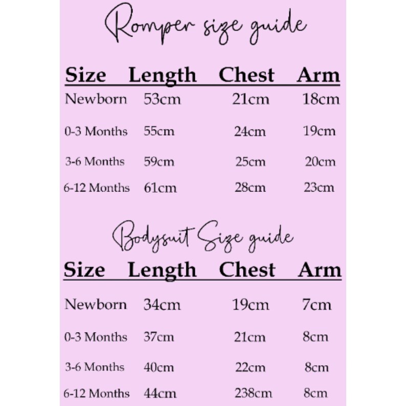 May include: A size guide for rompers and bodysuits, with measurements in centimeters. The guide includes sizes for newborns, 0-3 months, 3-6 months, and 6-12 months. Measurements are provided for length, chest, and arm.