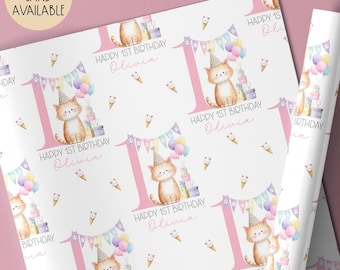 Personalised Cat 1st Birthday Wrapping Paper for Girls, Gift Wrap For Daughter/Granddaughter/Little Girl