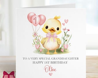 Personalised 1st Birthday Card For Girls, Yellow Chick/Duck, Greeting Card For Granddaughter/Daughter/Niece, Any Relation