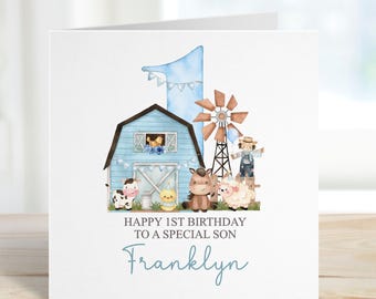 Personalised Farm Animal 1st Birthday Card, Birthday Animal Theme First Birthday Greeting Card For Son/Daughter/Grandson/Nephew/Any Relation