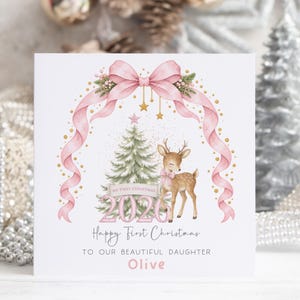 Personalised Baby Girl First Christmas Card 2026, Pink Bow & Deer, Any Name, Any  Relation, Daughter Granddaughter Niece