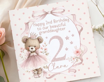 2nd Birthday Card For Girl, Personalised Teddy Birthday Card For Daughter/Granddaughter/Niece/Any Relation