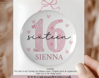 16th Birthday Badge For Girls, Personalised Kids Birthday Badge, Pink Sweet Sixteen Large Badge, Any Age For Daughter/Granddaughter