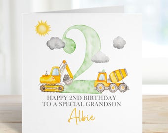Personalised Digger 2nd Birthday Card, Birthday Construction Birthday Greeting Card For Son/Grandson/Nephew, Building Site Card
